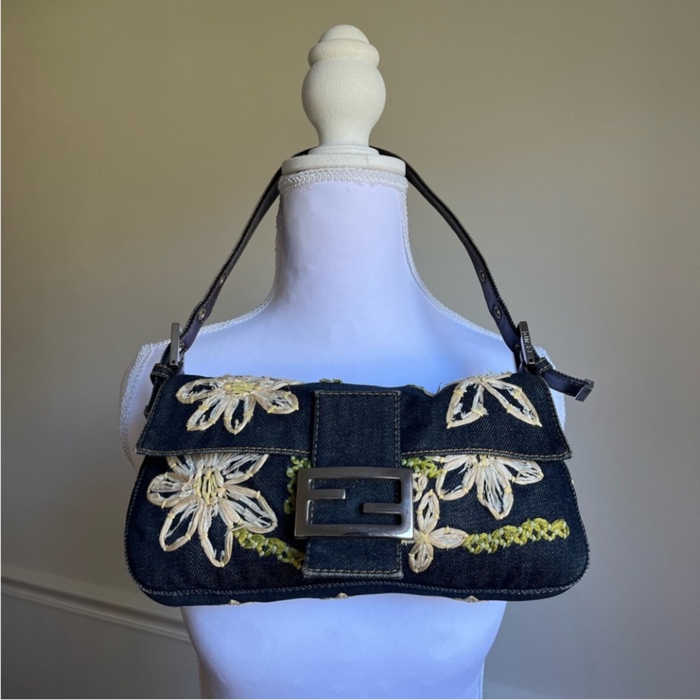 Fendi Denim Raffia Baguette Bag
